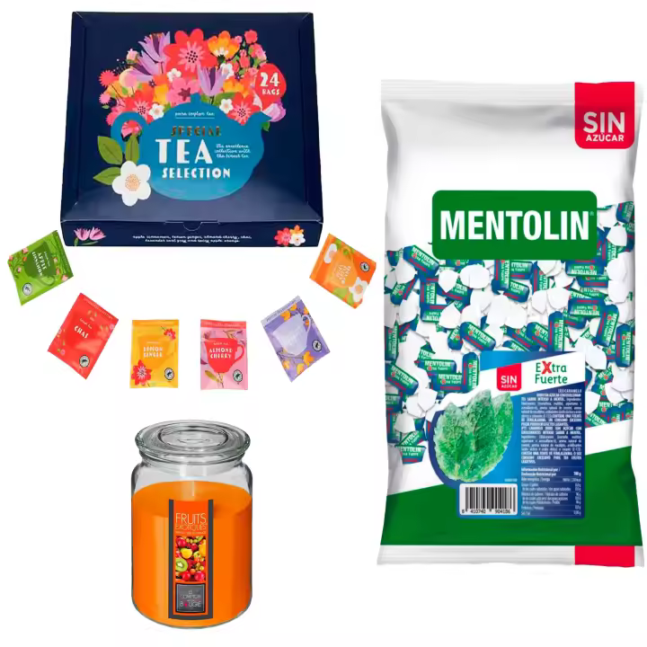 Lote respira: MENTOLIN EXTRA FUERTE S/A BOLSA 1KG + Vela de Frutas Exóticas 510g  + Set de Te con 24 bolsitas con diferentes sabores y aromas - 1