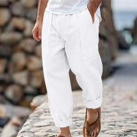 Pantalones de hombre de algodón y lino de estilo americano de talla grande, transpirables y absorbentes del sudor, de color sólido, pantalones casuales básicos de pierna ancha para hombre - details 2