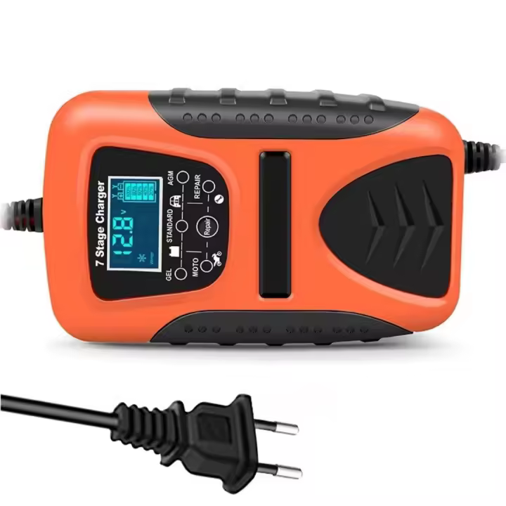 Cargador de batería automático inteligente de 12V y 7 A, 7 etapas, para coche, motocicleta, reparación de pulsos, pantalla LCD - 1