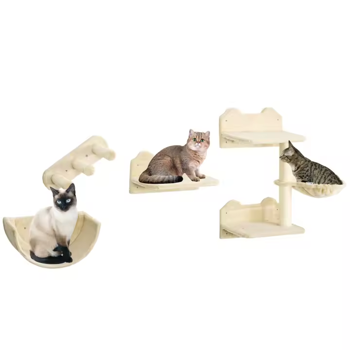 PawHut Estante de Escalada para Gatos de Pared Juego de Estantes para Gatos 4 Piezas con Hamaca Nido Rascador Plataformas para Saltar y Poste de Sisal - 1