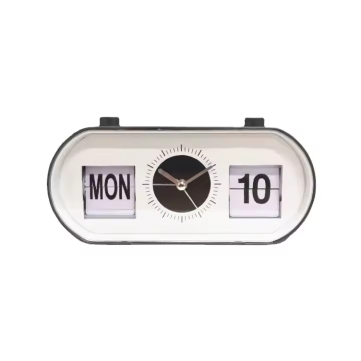 Manual page turning clock, white/silver vintage calendar clock, perpetual calendar desk clock, date and time display, noiseless scanning, silent desk clock - 1