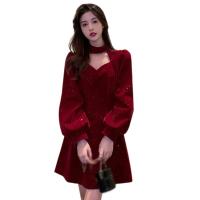 Vestido De Veludo Elegante Para Mujer Con Cintura Alta Y Manga Larga Estilo Sweet Vestido De Rodilla De Otoño Invierno - details 0