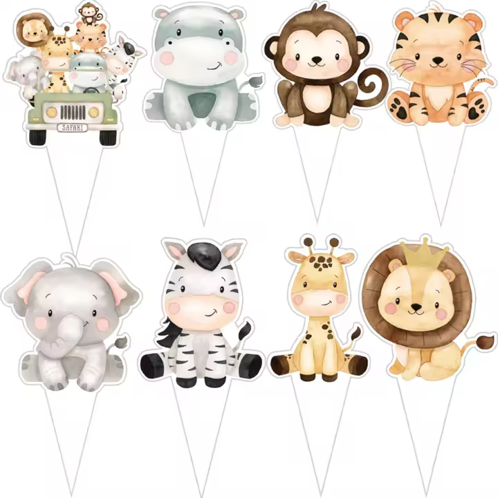 24Pcs Topper De Pastel De Animales Salvajes Para Niños Tigre Elefante Giraffa Decoración De Cumpleaños Selva Selva DIY Suministros De Decoración De Pastel - 1