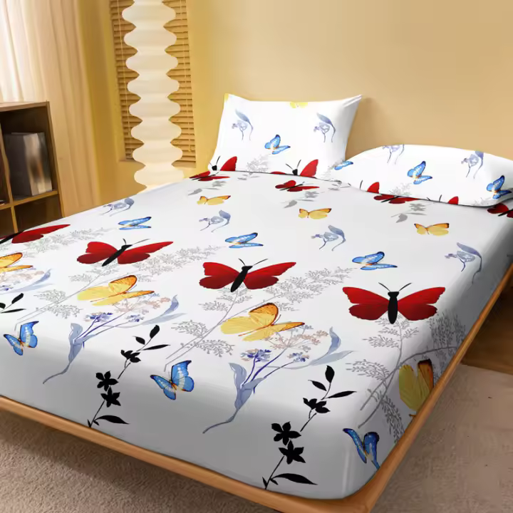 Sábana Ajustada Moderna Y Sencilla Con Estampado De Plantas Flores Y Mariposas Mate Para Dormitorio Sin Almohadillas Ni Fundas De Cojín - 1