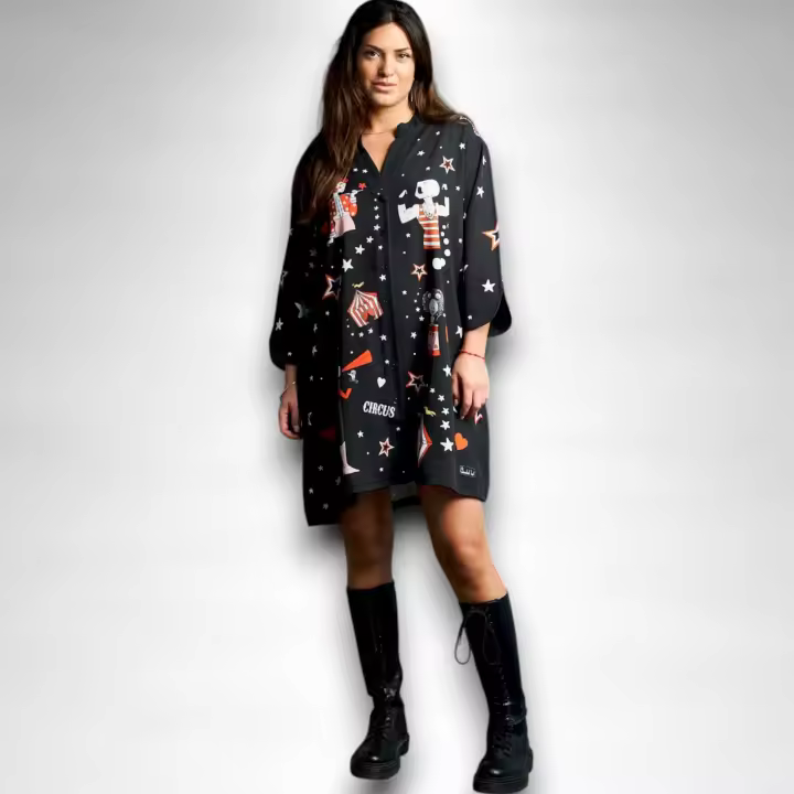 Vestido Reina de la Pista Anabel Lee - Camisero Oversize con Estampado Circo - 1