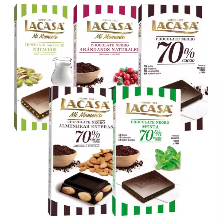 Pack Lacasa 5 deliciosas tabletas de chocolate de distintos sabores y tamaños: arandanos ,leche pistacho 90g ,negro , menta , almendra 200g - 1