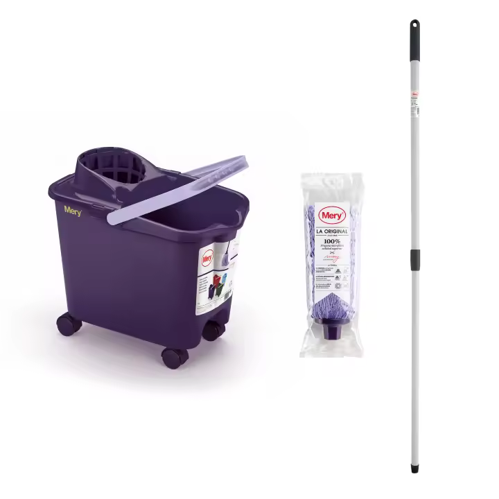 Mery Set Cubo con Fregona y Palo, Cubo Escurridor Automático con Ruedas Morado y Lila, 14 L, Fregona Microfibra Super Absorbente, Rosca Universal, Palo Telescópico de Acero Plastificado, 80x140 cm - 1