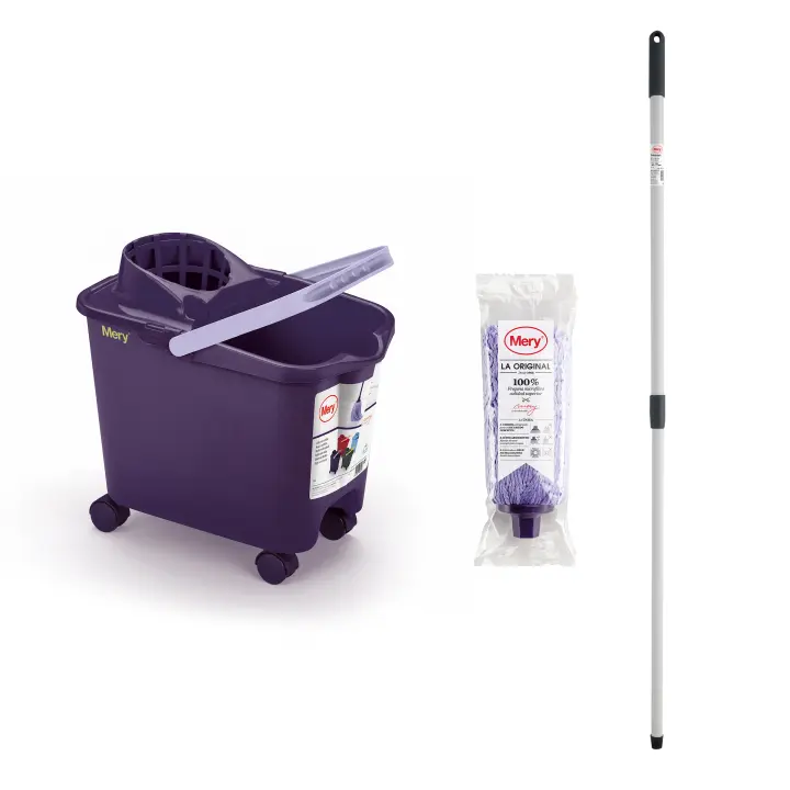Mery Set Cubo con Fregona y Palo, Cubo Escurridor Automático con Ruedas Morado y Lila, 14 L, Fregona Microfibra Super Absorbente, Rosca Universal, Palo Telescópico de Acero Plastificado, 80x140 cm - 1