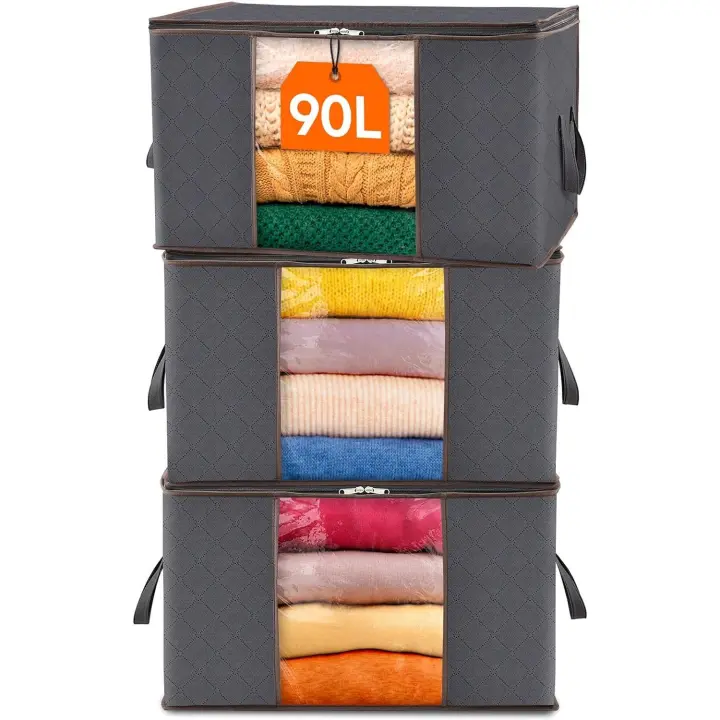 3 Piezas 90L Cajas de Almacenaje Ropa, Mantas y Edredones, Organizador de Armario Plegable de Plastico para Mudanzas, Gris - 1