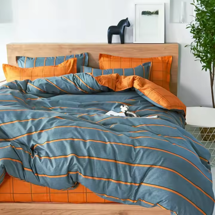 Juego de Ropa de Cama de 4 Piezas, LlanoImpresión Juego de Fundas de Edredón Incluye 1 Funda Nórdica y 1 Sábana encimera 2 Funda de Almohada (135x200cm,Rayas Naranjas) - 1