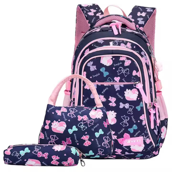 Mochila para niños 3 piezas Rosa Niña Bolsa de Escuela impermeable de nylon with Bolsa de almuerto Caja de pañales para mochildern, bowknot imprimir 6-13 años Niños adolescentes y Estudiantes. - 1