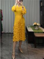 Vestido Elegante De Mujer 2024 Pleated Miyak Primavera Otoño V-Neck Suéter Beaded Exquisito Cinturón A-Line Midi Vintage Polyester - details 6
