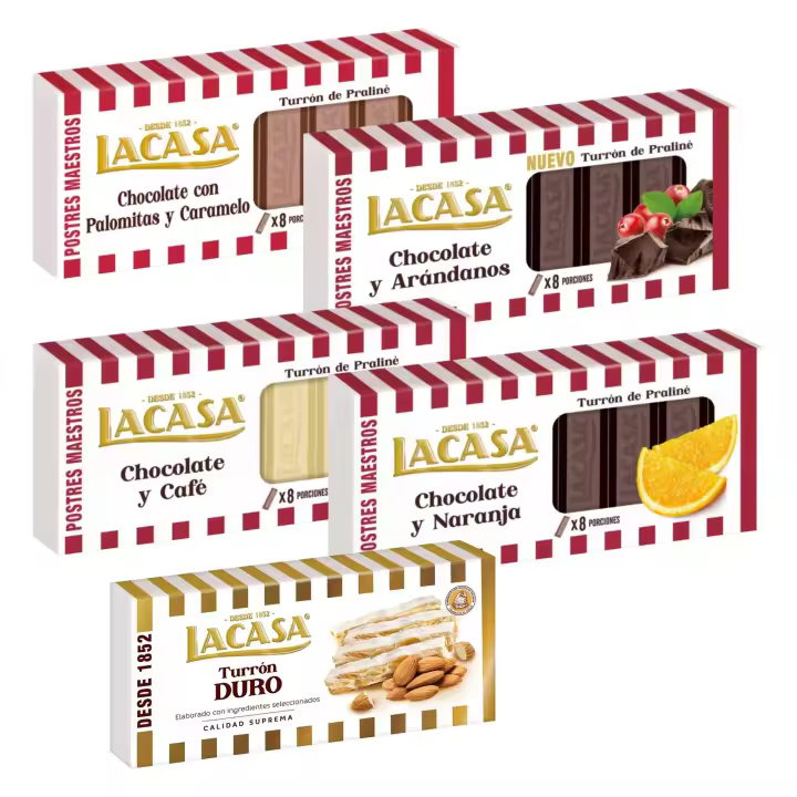 Turrones Lacasa: 5 tabletas de Turron variadas: Duro, Chocolate con palomitas y caramelo, Chocolate y arándanos, Chocolate y café y Chocolate - 1