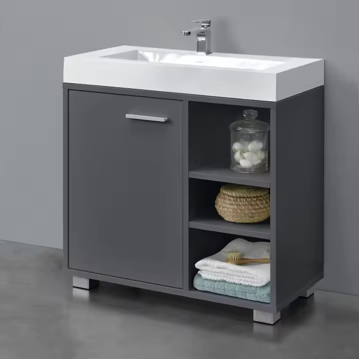 Mueble de Lavabo - 56 x 60 x 31 cm - Mueble de Baño debajo del Lavabo - con Puerta y 3 Estantes - Aglomerado - con Ranura para Sifón - Gris oscuro [en.casa]® - 1