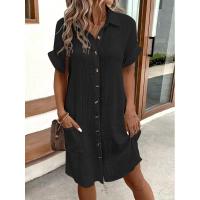 Camisa Elegante De Verano Para Mujer Azul Con Bolsillo Y Cuello En V Simple Y Cómoda De Color Sólido Vestido De Pierna Larga Estilo Casual - details 1