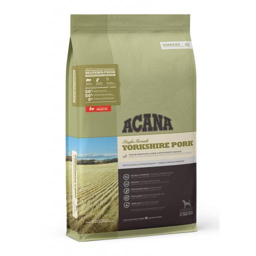 Acana Yorkshire Pork Dog Food - 11.4 Kg, natural dog food with 50% pork, ideal for all breeds, provides easy digestion with limited ingredients, including fresh vegetables for digestive health.