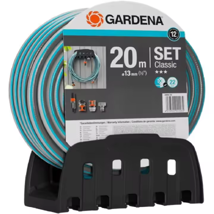 Manguera de 20 m, lanza y soporte GARDENA 18005-20 - Juego Universal de Soporte y Manguera 20m con Conectores y Boquilla - Manguera resistente a la presión y rígida, combinable con todos los dispositivos Gardena - 1