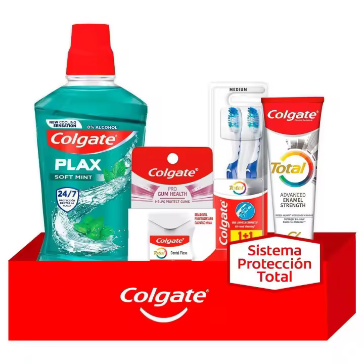 Colgate Rutina de Protección Total para dientes sanos: pasta de dientes, cepillo de dientes, enjuague bucal y seda dental - 1
