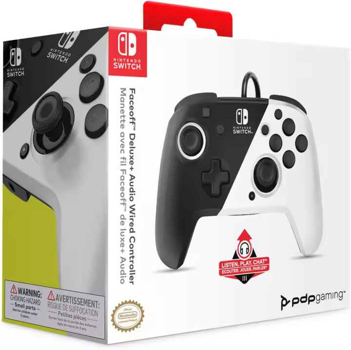 Mando Nintendo Switch PDP Faceoff Deluxe Audio Wired - Blanco y Negro - Botones Dobles Traseros Programables - 1