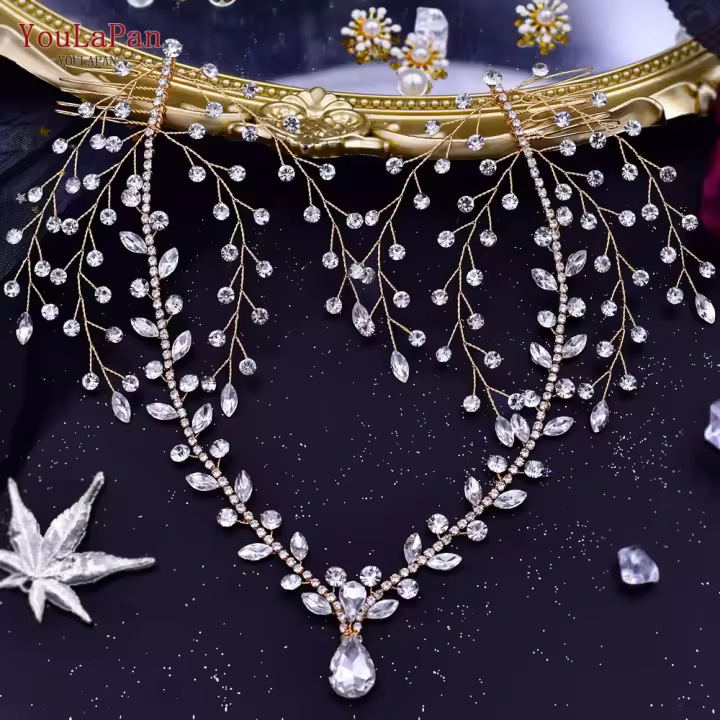 YouLaPan Diadema De Boda Elegante Para Mujeres Con Rhinestone Y Hojas Simuladas Accesorio De Cabello De Novia Dorado Plata Tamaño 40CM*22CM - 1