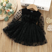 Vestido De Princesa Para Bebés Y Niñas Pequeñas Con Lazo Y Puntos Manga Larga Solida Primavera Otoño Polyester Spandex - details 0