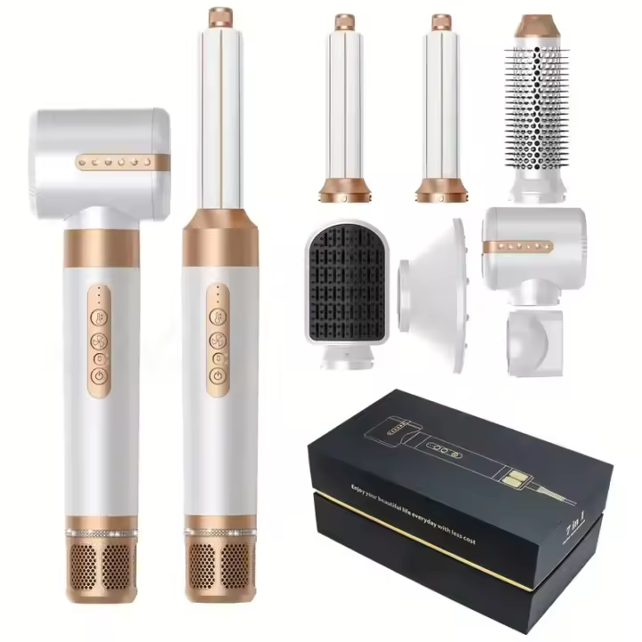 Kit de Estilismo con Aire Caliente, Cepillo de Iones 7 en 1, 1400 Vatios, 110.000 RPM, con Rizador Automático, Difusor y Accesorios para Rizar, Alisar y Peinar - 1