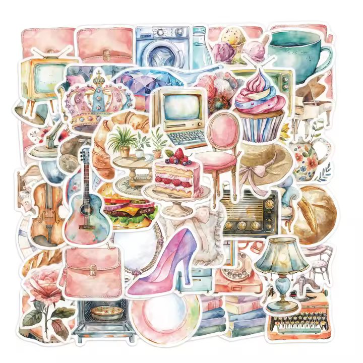 50PCS Pegatinas De Arte Retro Acuarela Para Decoración Personalizada De Maletas Cuaderno Nevera Patineta Material Plástico - 1
