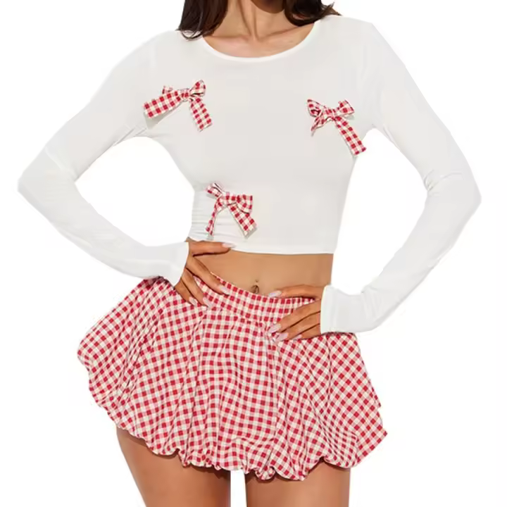 Conjunto De Vestido Y Mini Falda Cutenova 2024 Nueva Colección Con Lazo En La Cintura Y Estampado De Cuadros Para Mujer Joven Estilo Dulce Y Sobrio - 1