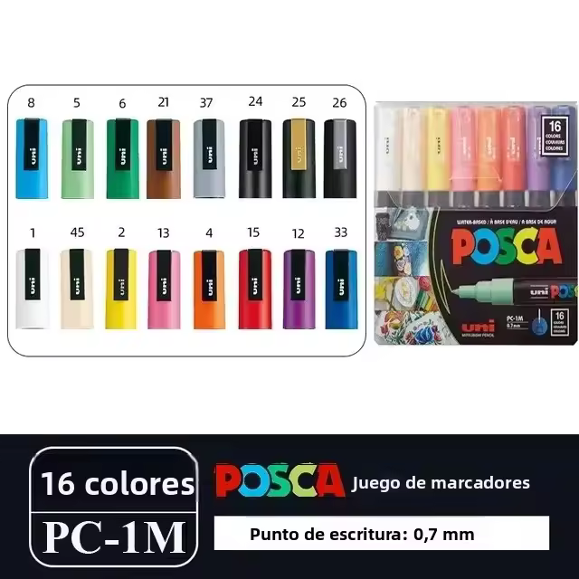 Juego De 16 Marcadores UNI POSCA De Japón Para Dibujo Y Pintura Acrílica Marcadores Permanentes Impermeables Para Niños Suministros De Arte PC-3M/1M/5M - 1