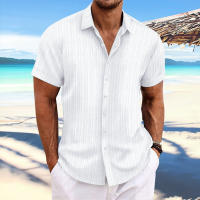 Camisa Casual De Hombre De Algodón Y Lino Con Rayas Jacquard Verano Cómoda Corta Color Sólido Moda Cierre Único Estilo Turn-down Collar - details 6