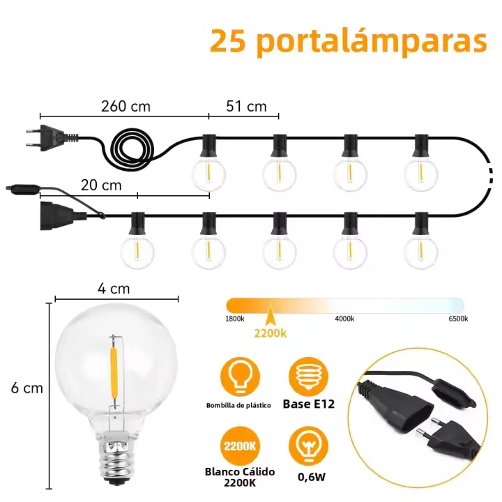 Cadena De Luces LED G40 15M IP44 Impermeable Luz De Navidad Amarilla Cálida Para Jardín Decoración De Boda Al Aire Libre - 1