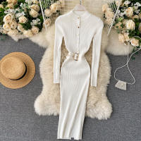 Vestido REALEFT De Punto Para Mujer Con Cuello Alto Y Mangas Largas Estampado Sólido Estilo Casual Vestido De Abrazo Largo Hasta La Rodilla Para Otoño E Invierno - details 37