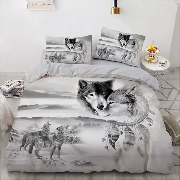 Juego de cama con diseño de lobos y animales de anime en 3D, funda nórdica con pareja de lobos, 100 % microfibra, 220 x 240 cm [210] - 1