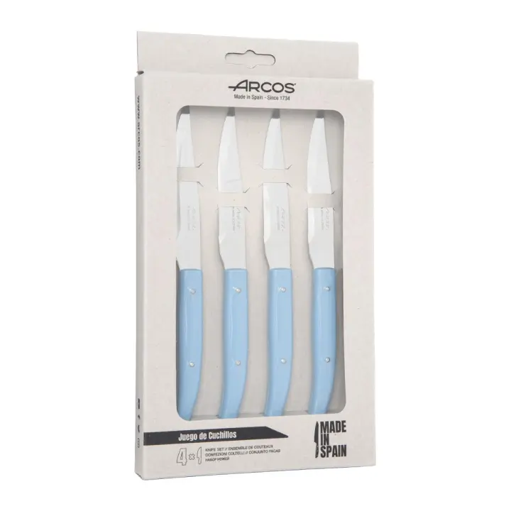 Arcos Serie Cuchillos de Mesa - Juego de Cuchillos Chuleteros 4 piezas - Hoja de Acero Inoxidable NITRUM de 110 mm - Filo Liso - Mango de Polipropileno - Color Azul - 1