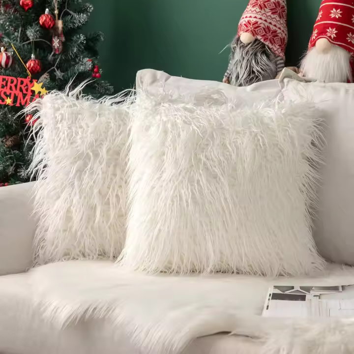 Fundas de cojín navideñas de piel sintética, esponjosas, súper suaves, decorativas, cuadradas, paquete de 2 fundas de cojín de felpa de piel sintética - 1