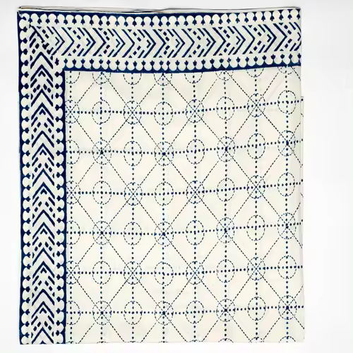 Mantel artesanal block print de 100% algodón azul 140 x 220 cm - Hecho a mano en India - Estilo bohemio  de la marca Origen - 1