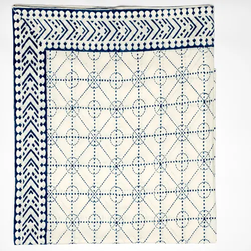 Mantel artesanal block print de 100% algodón azul 140 x 220 cm - Hecho a mano en India - Estilo bohemio  de la marca Origen - 1