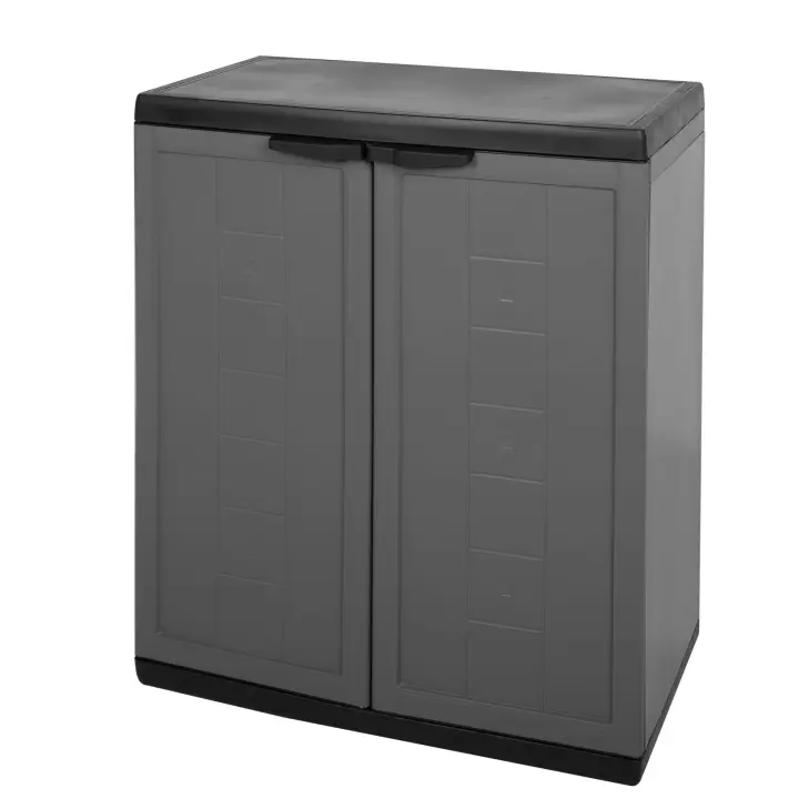 Curver - Armario bajo resina, 70% plástico reciclado, color gris y negro, fácil montaje, estable y resistente, estantes ajustables, multiusos, variedad de medidas, cierre candado opcional, ideal para trasteros, garajes, patios o balcones - 1