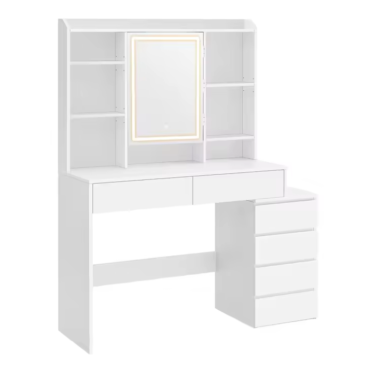 Tocador moderno con luces led ajustables, mesa de maquillaje con espejo, compartimentos y estantes ajustables, blanco nube - 1