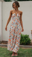 Vestido Maxi Bohemio De Verano Para Mujer En Chiffon Floral Sin Mangas Cuello En V A-Line Largo Con Espalda Descubierta Y Volante - details 13