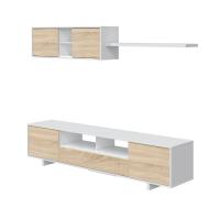 Meimon Conjunto de salón BELUS en Blanco Brillo y Roble Canadian con mueble TV de 3 puertas, módulo superior de 2 puertas y estante de colgar, con herrajes metálicos, colgadores regulables, sistema pasacables y materiales E1 resistentes y duraderos - details 2