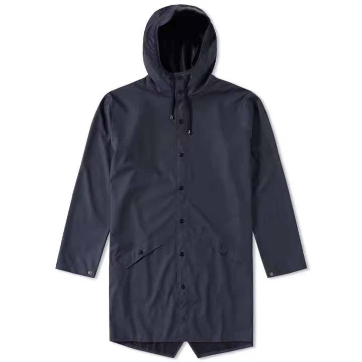 Rains Chaqueta Larga Unisex Impermeable 12020 Navy con Bolsillos Oblicuos y Bajo Asimétrico - 1