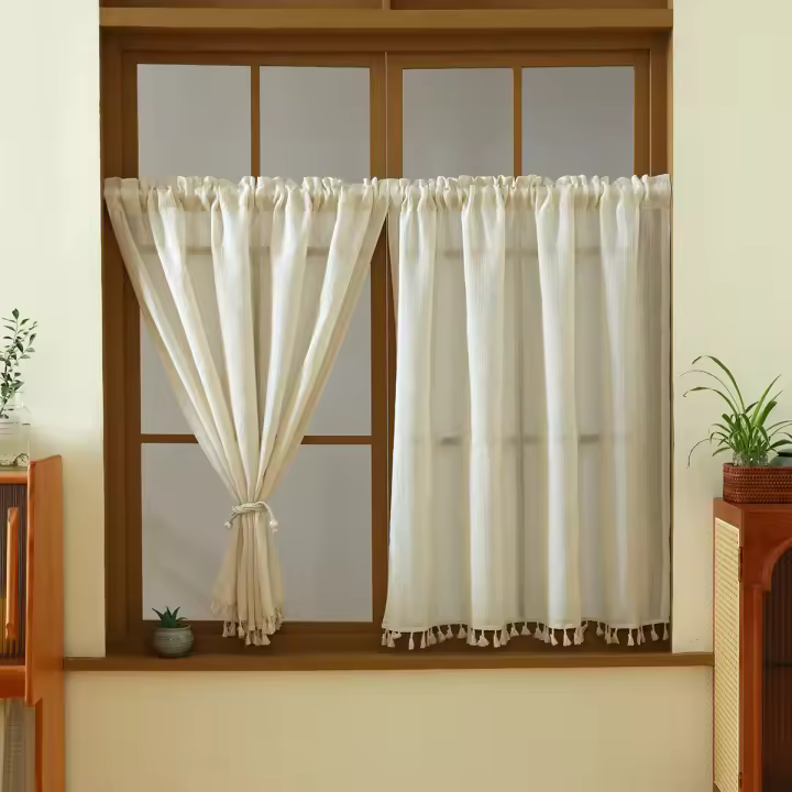 Cortina Corta De Lino Beige 1 Pieza Estilo Bohemio Japonés Para Ventanas Pequeñas Y Puertas Decoración Y Protección De La Privacidad - 1