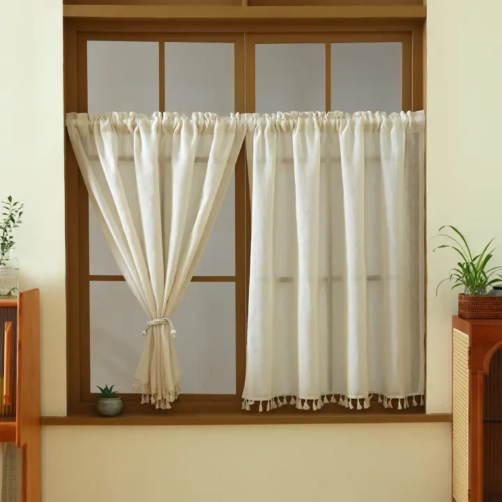 Cortina Corta De Lino Beige 1pc Estilo Bohemio Japonés Con Bolsa Para Percha Decoración Para Ventanas Pequeñas Y Puertas Protección De La Privacidad - 1