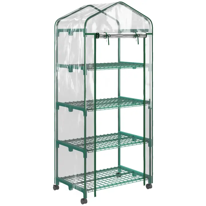 Outsunny Invernadero Pequeño Invernadero de Exterior con Ruedas Estantes de 4 Niveles Puerta con Cremallera y Marco de Acero Invernadero para Cultivar Plantas Flores 69x50x165 cm Transparente - 1