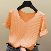 Camiseta De Mujer De Verano Con Cuello En V Y Manga Corta Tejida En Color Negro Y Naranja Estilo Slim Para Ocio Casual - details 12
