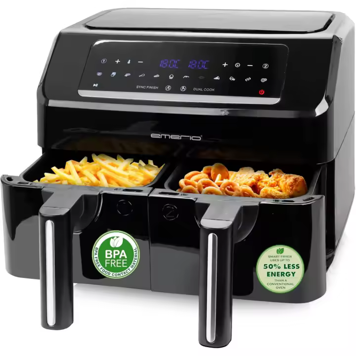 Freidora de Aire sin aceite Emerio AF-130376, Air fryer capacidad 3,6L+3,6L, Potencia 2400W, Dos cestas independientes, Pantalla digital, 12 programas, Termostato regulable 50-200ºC, Sync Finish (cestas terminan al mismo tiempo), Apto lavavajilas, sin BPA - 1