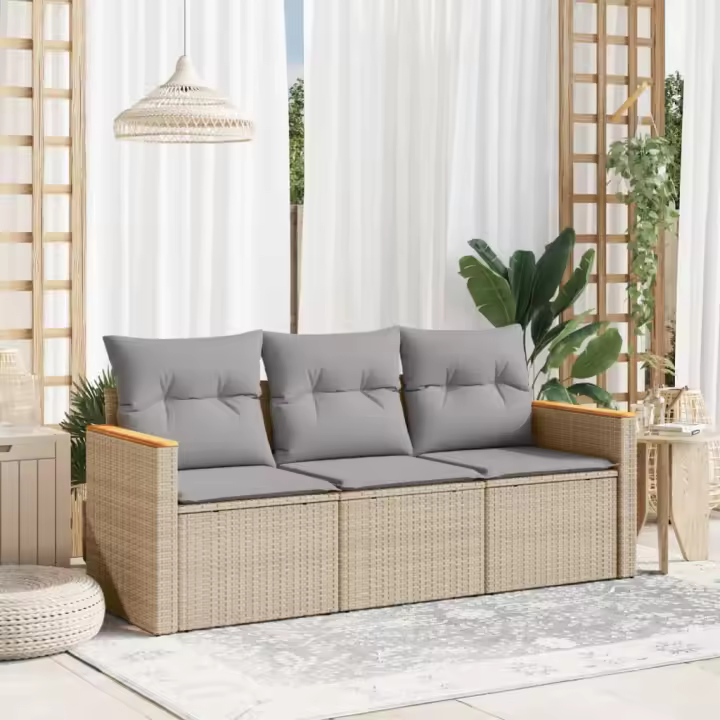 vidaXL Set sofás jardín 3 pzas y cojines ratán sintético beige mezcla - 1
