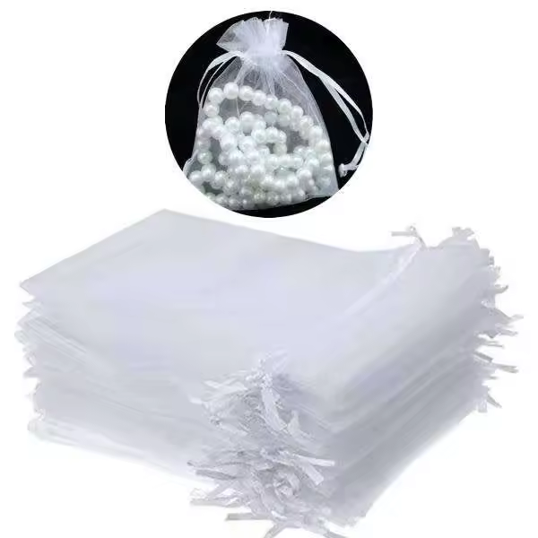 100pcs Organza Bags, 9 x 7cm - Hand-sewn White - 1