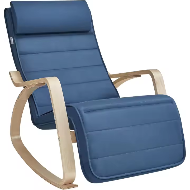 Silla Mecedora, con Apoyabrazos de Madera de Abedul, Silla Mecedora con Reposapiés Ajustable en 5 Posiciones, Máx. Carga de 150 kg, Dormitorio, Salón, Azul Medianoche y Natural - 1